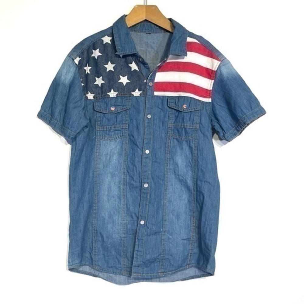Vintage American Flag Denim Shirt S Womens Top Shirt Stars Stripes Patriotic - Picture 1 of 9